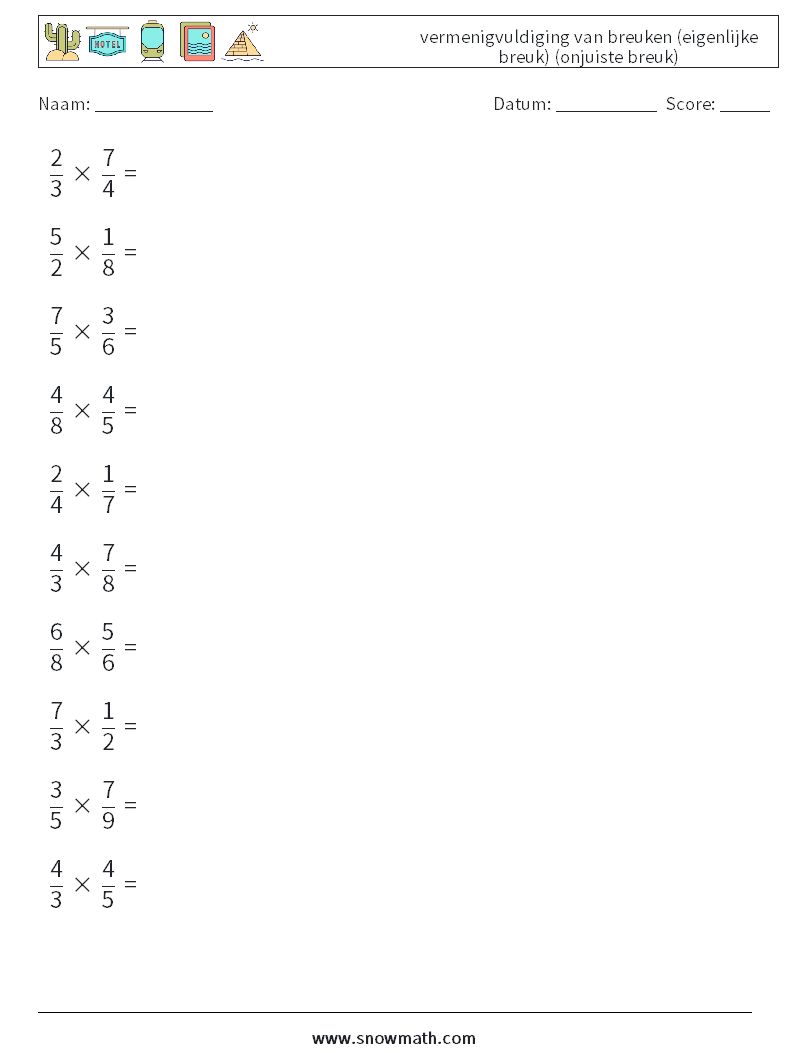 (10) vermenigvuldiging van breuken (eigenlijke breuk) (onjuiste breuk) Wiskundige werkbladen 4