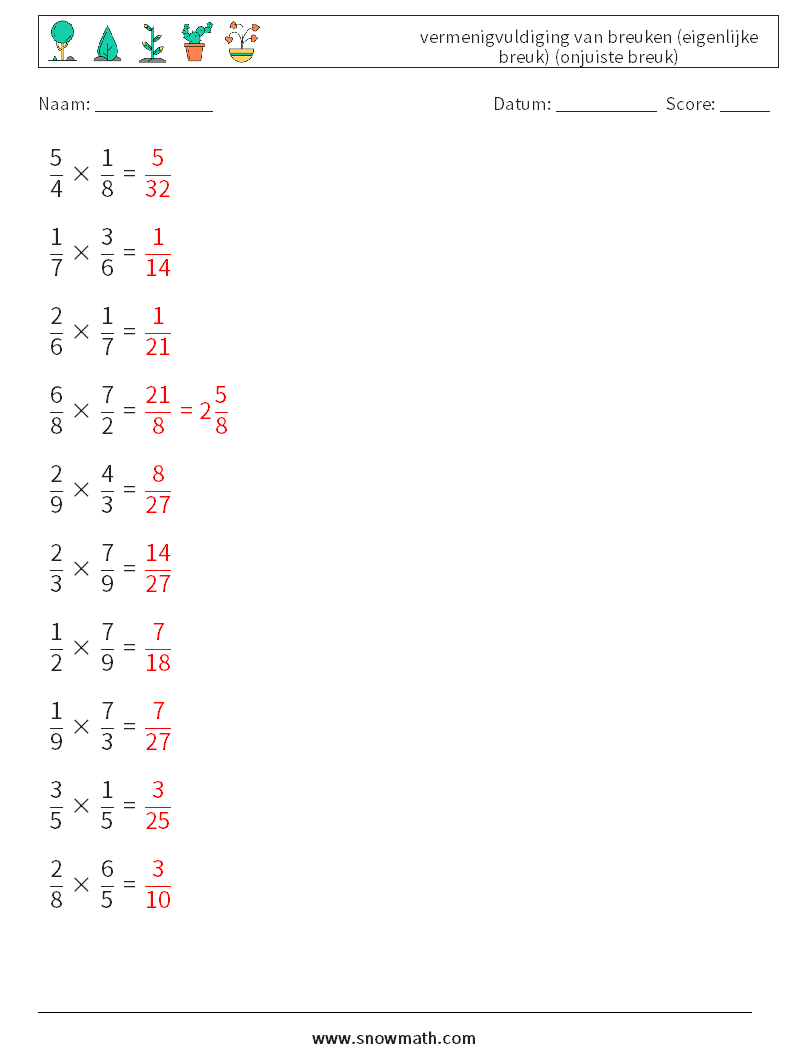 (10) vermenigvuldiging van breuken (eigenlijke breuk) (onjuiste breuk) Wiskundige werkbladen 5 Vraag, Antwoord
