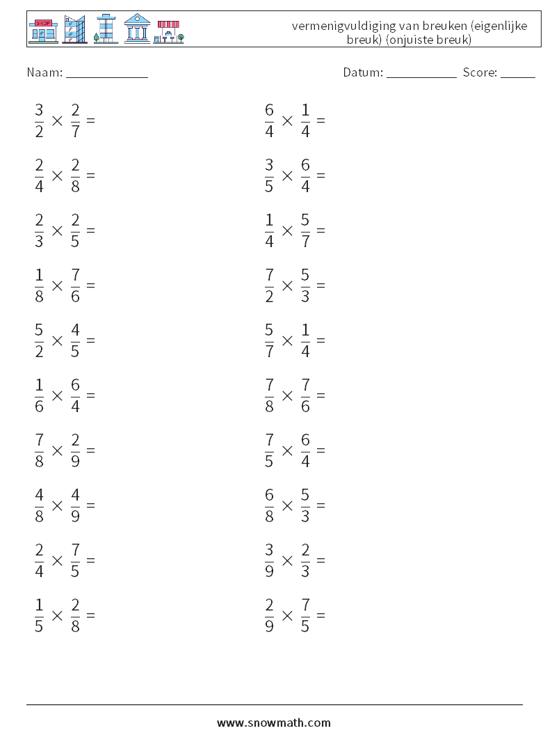 (20) vermenigvuldiging van breuken (eigenlijke breuk) (onjuiste breuk) Wiskundige werkbladen 10