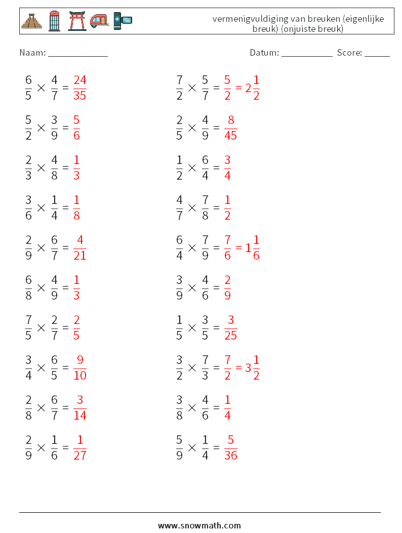 (20) vermenigvuldiging van breuken (eigenlijke breuk) (onjuiste breuk) Wiskundige werkbladen 11 Vraag, Antwoord