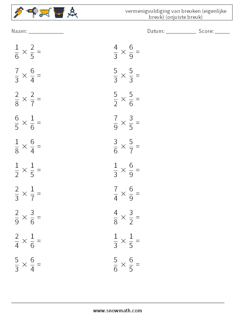(20) vermenigvuldiging van breuken (eigenlijke breuk) (onjuiste breuk) Wiskundige werkbladen 12