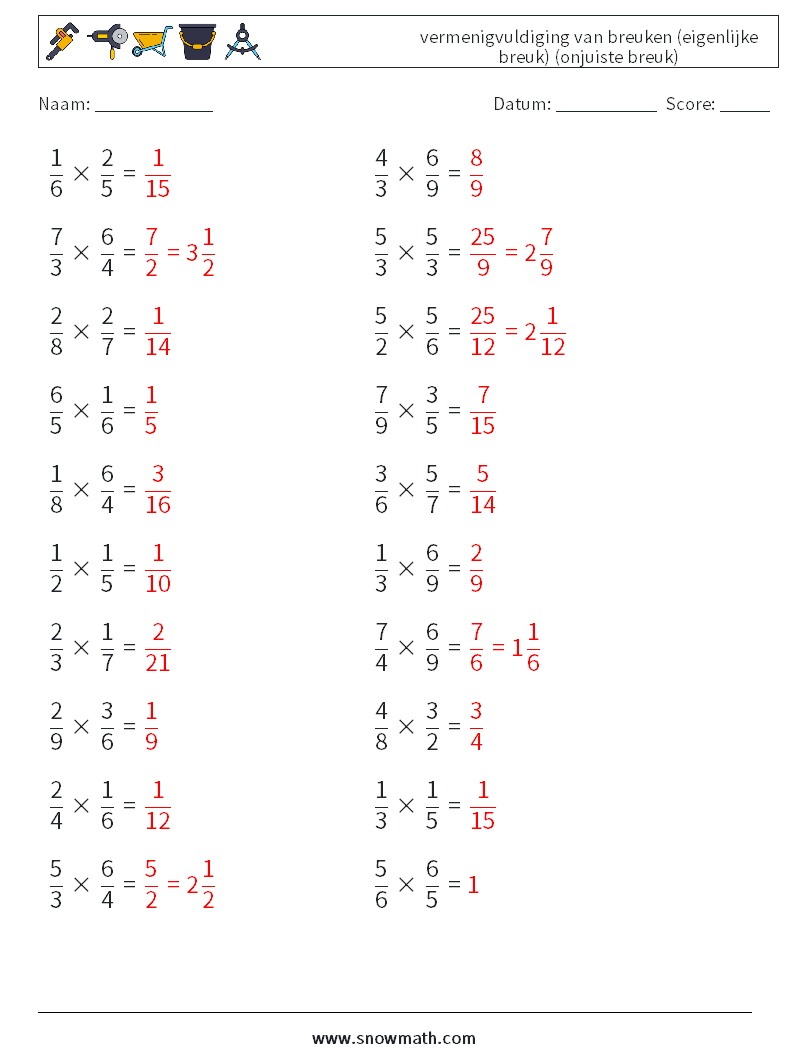 (20) vermenigvuldiging van breuken (eigenlijke breuk) (onjuiste breuk) Wiskundige werkbladen 12 Vraag, Antwoord