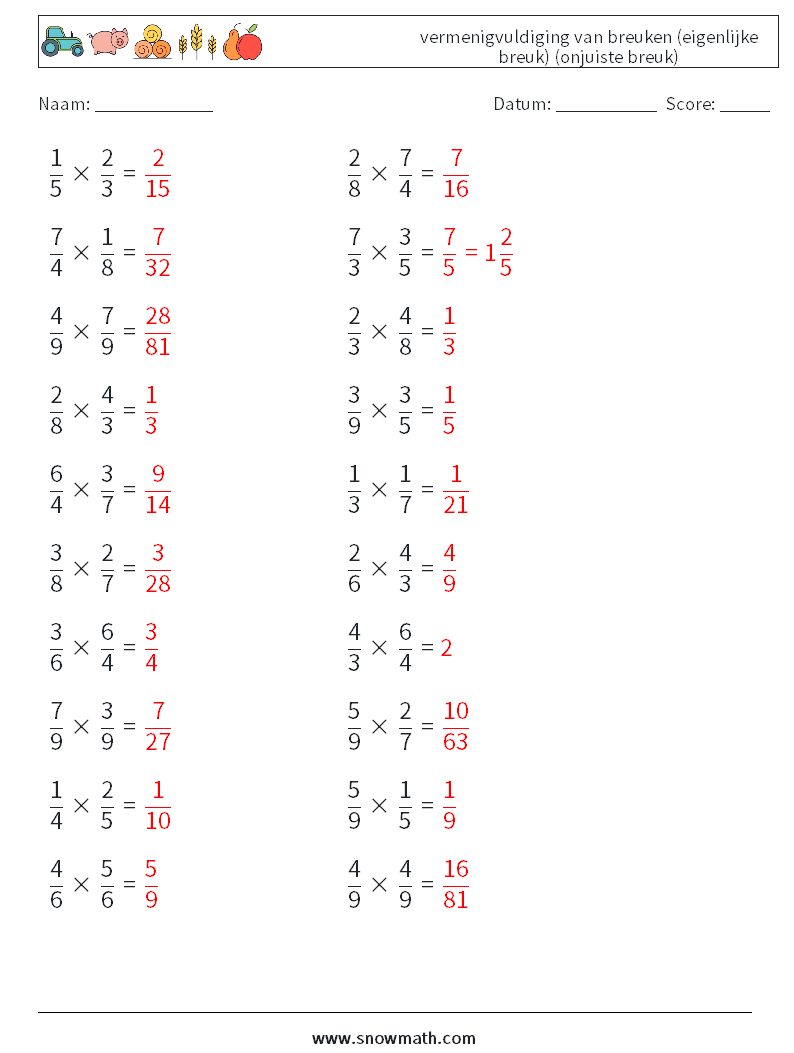 (20) vermenigvuldiging van breuken (eigenlijke breuk) (onjuiste breuk) Wiskundige werkbladen 13 Vraag, Antwoord