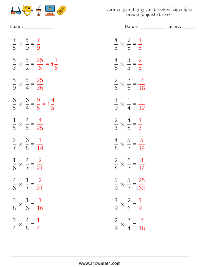 (20) vermenigvuldiging van breuken (eigenlijke breuk) (onjuiste breuk) Wiskundige werkbladen 14 Vraag, Antwoord