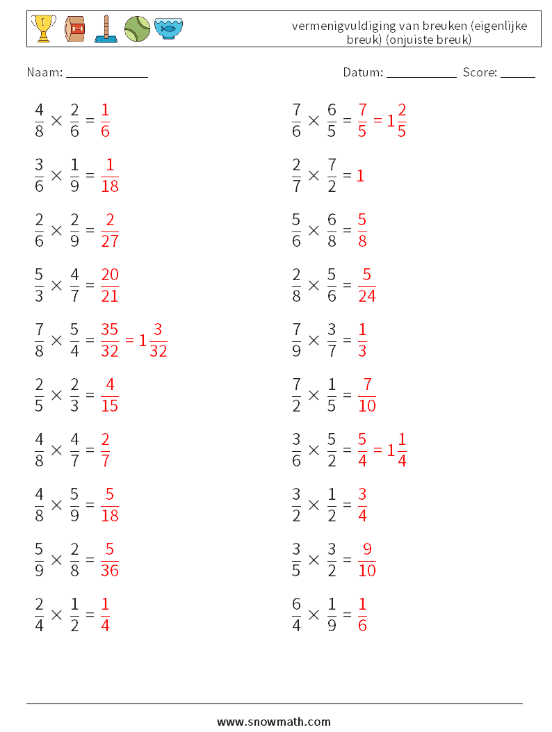 (20) vermenigvuldiging van breuken (eigenlijke breuk) (onjuiste breuk) Wiskundige werkbladen 15 Vraag, Antwoord