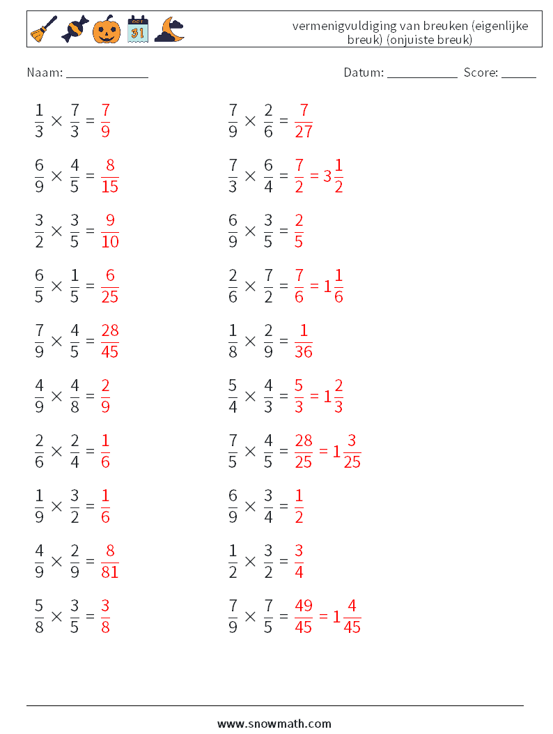 (20) vermenigvuldiging van breuken (eigenlijke breuk) (onjuiste breuk) Wiskundige werkbladen 1 Vraag, Antwoord