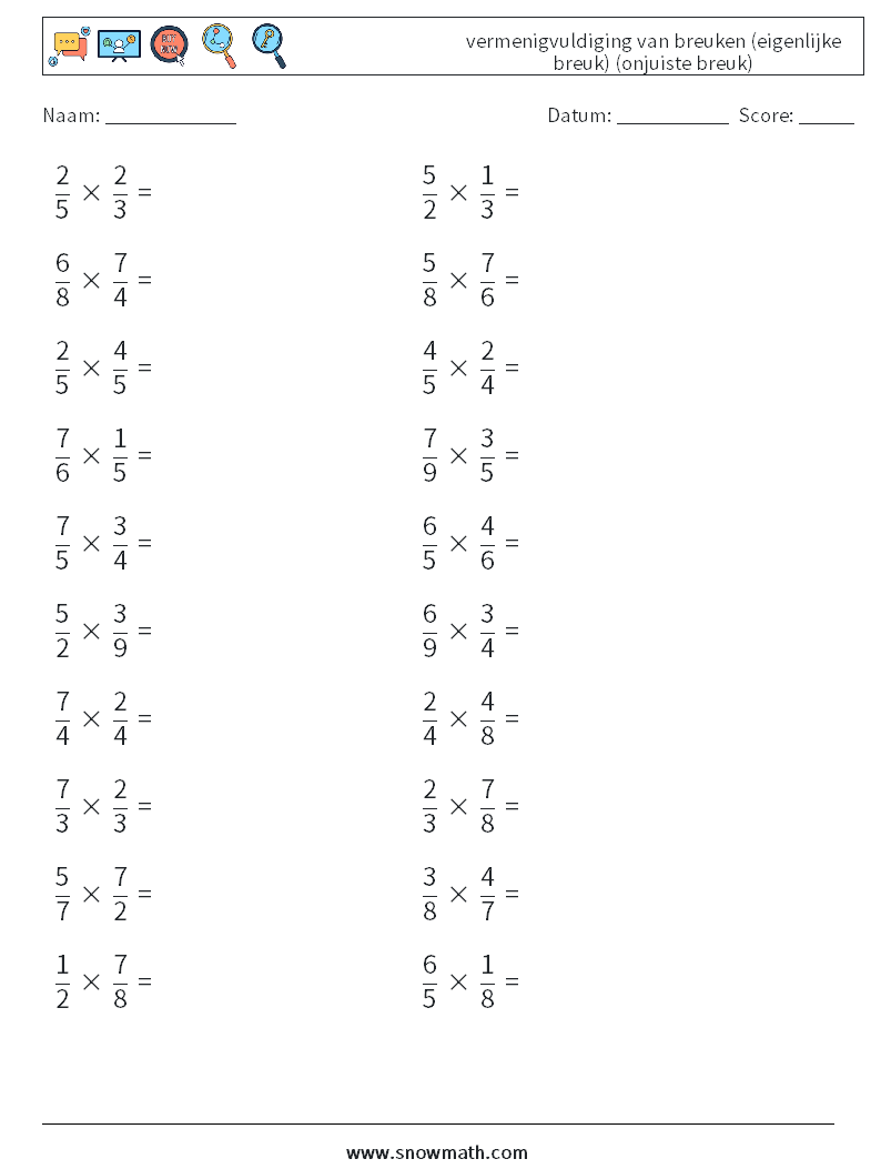 (20) vermenigvuldiging van breuken (eigenlijke breuk) (onjuiste breuk) Wiskundige werkbladen 2