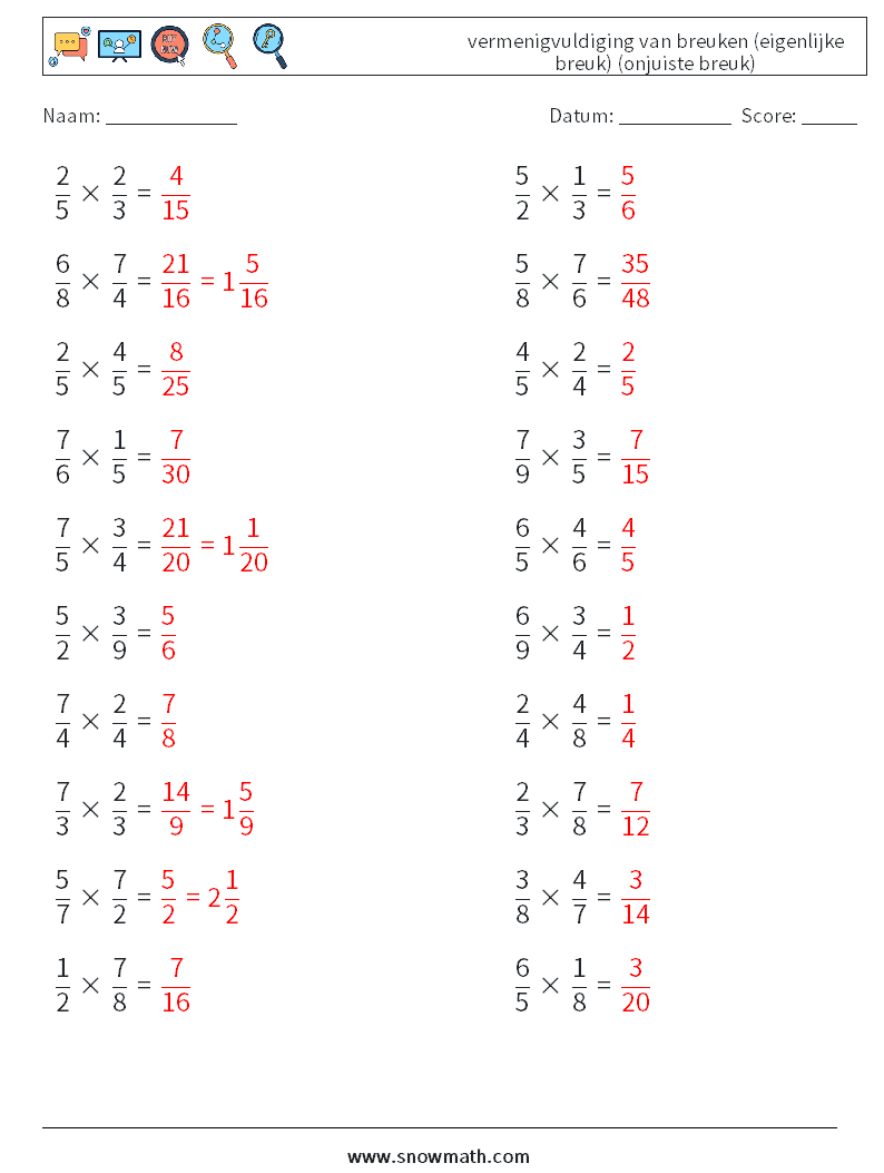 (20) vermenigvuldiging van breuken (eigenlijke breuk) (onjuiste breuk) Wiskundige werkbladen 2 Vraag, Antwoord