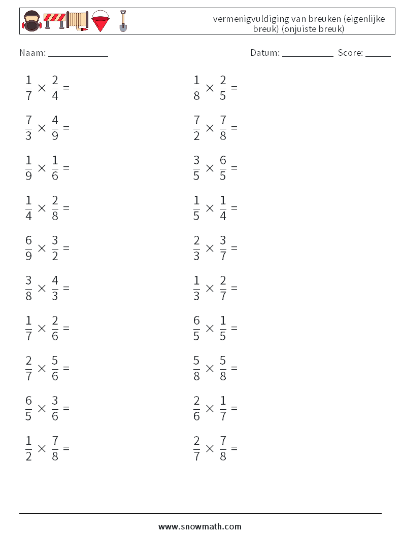 (20) vermenigvuldiging van breuken (eigenlijke breuk) (onjuiste breuk) Wiskundige werkbladen 3