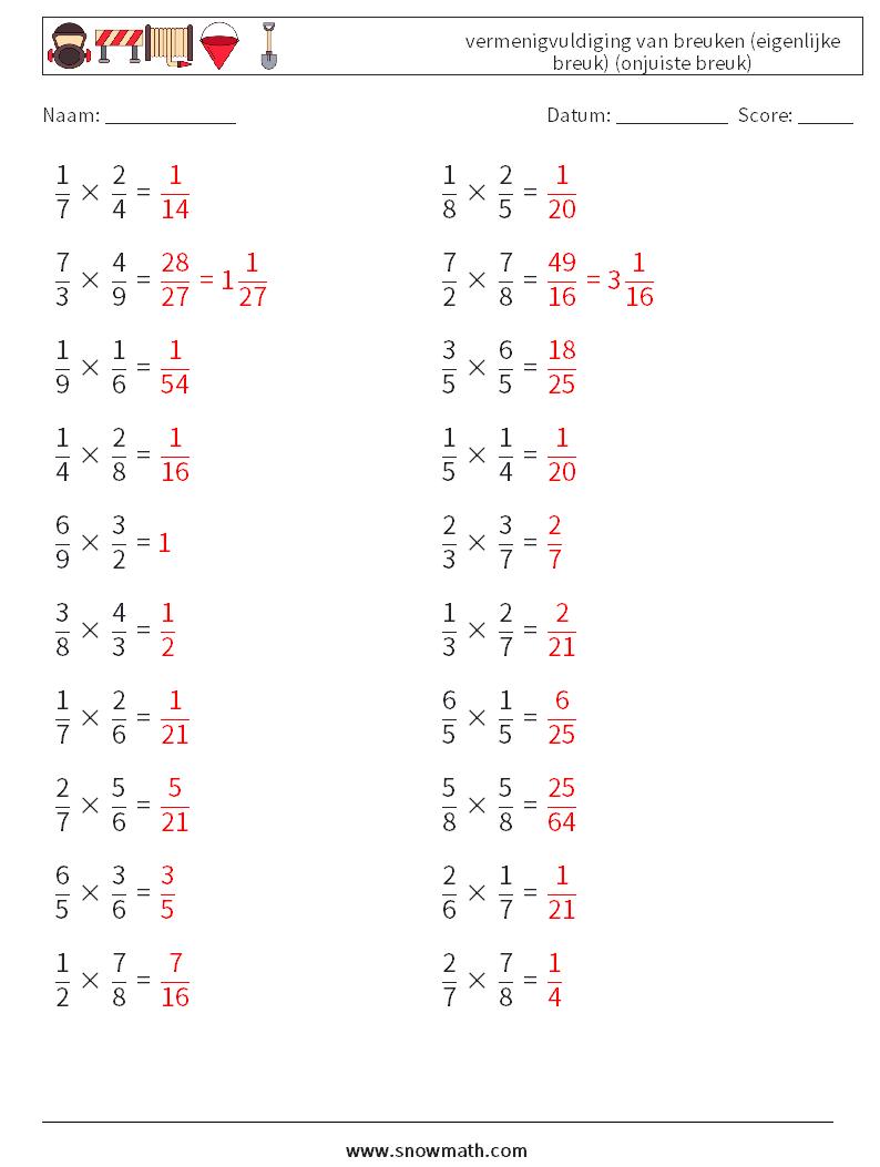 (20) vermenigvuldiging van breuken (eigenlijke breuk) (onjuiste breuk) Wiskundige werkbladen 3 Vraag, Antwoord