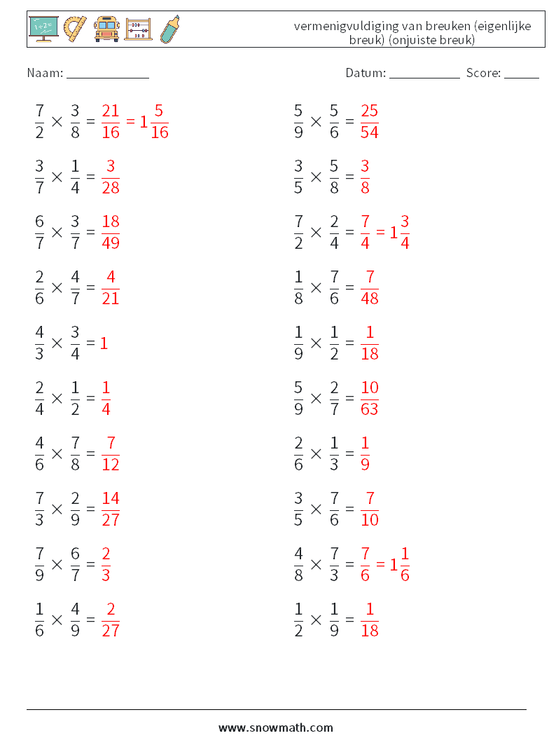 (20) vermenigvuldiging van breuken (eigenlijke breuk) (onjuiste breuk) Wiskundige werkbladen 4 Vraag, Antwoord