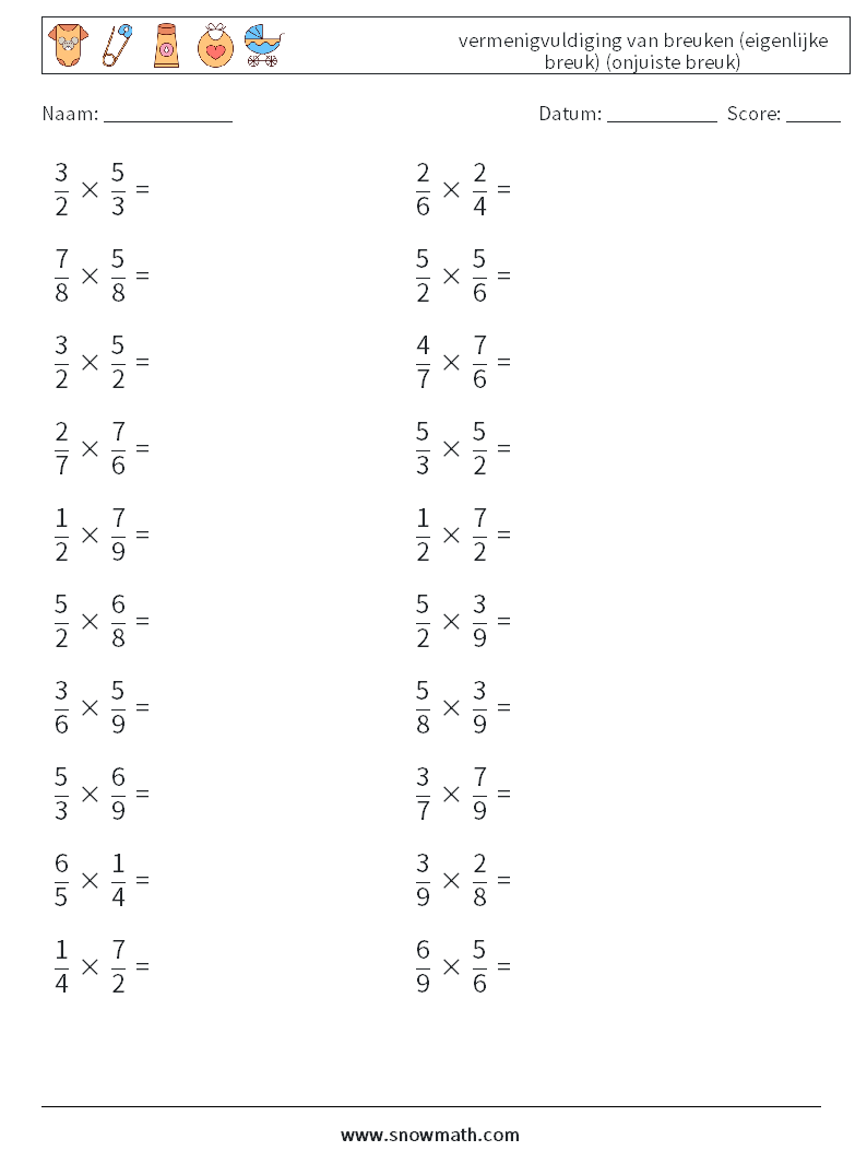 (20) vermenigvuldiging van breuken (eigenlijke breuk) (onjuiste breuk) Wiskundige werkbladen 5