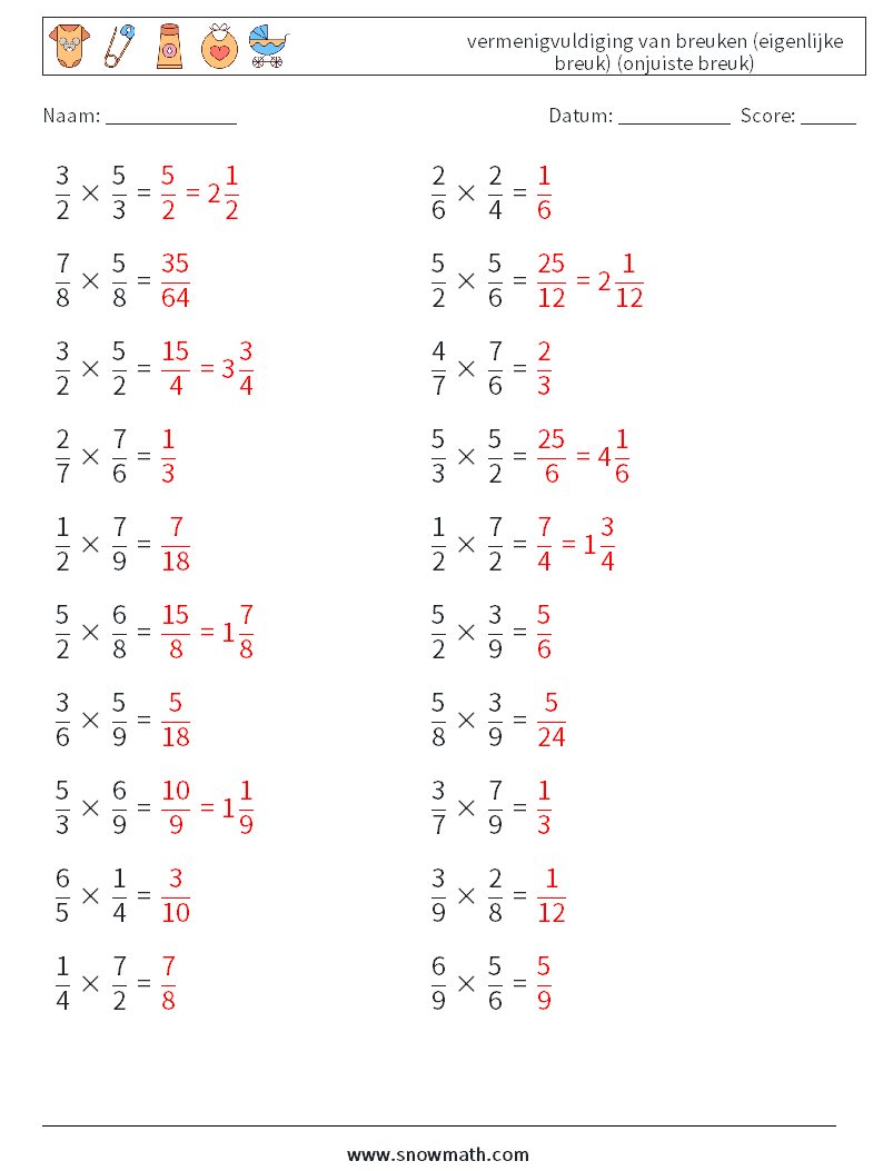 (20) vermenigvuldiging van breuken (eigenlijke breuk) (onjuiste breuk) Wiskundige werkbladen 5 Vraag, Antwoord