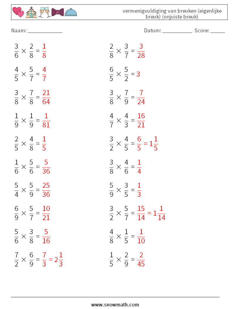 (20) vermenigvuldiging van breuken (eigenlijke breuk) (onjuiste breuk) Wiskundige werkbladen 6 Vraag, Antwoord