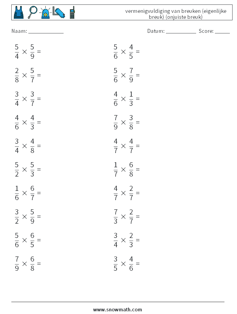 (20) vermenigvuldiging van breuken (eigenlijke breuk) (onjuiste breuk) Wiskundige werkbladen 7