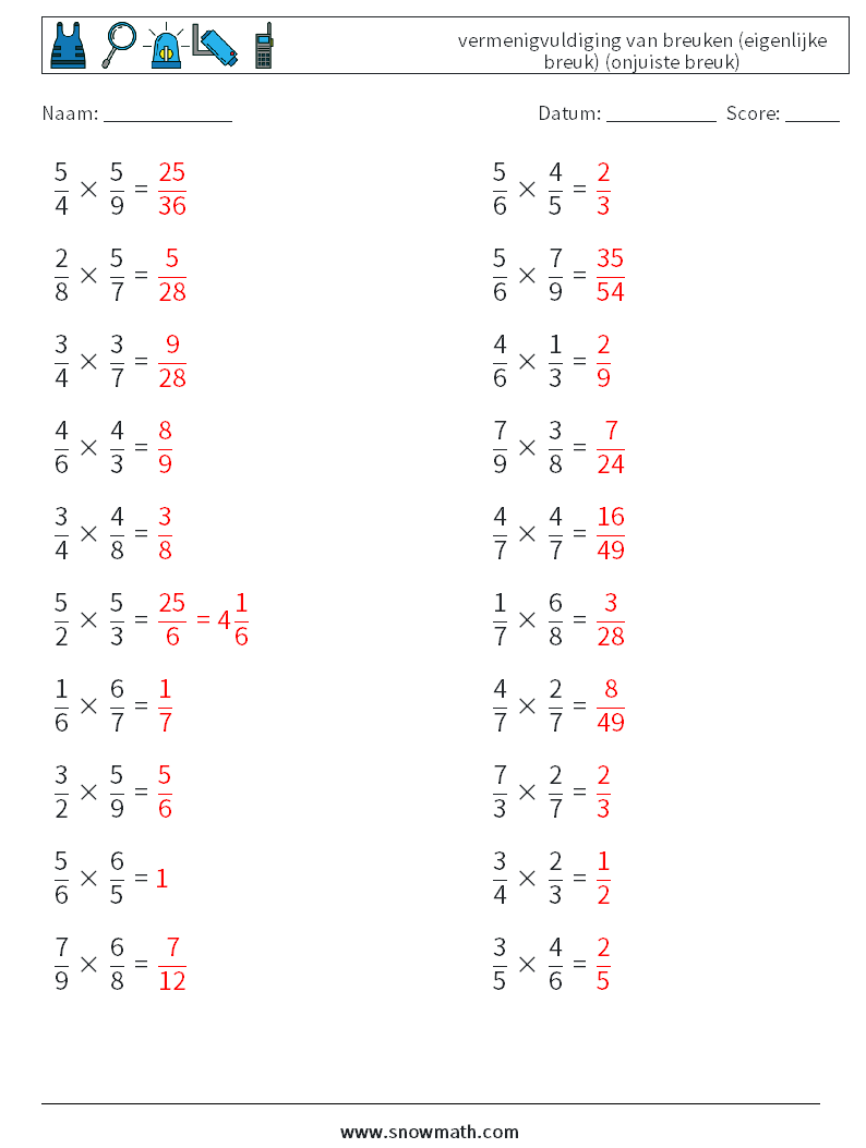 (20) vermenigvuldiging van breuken (eigenlijke breuk) (onjuiste breuk) Wiskundige werkbladen 7 Vraag, Antwoord