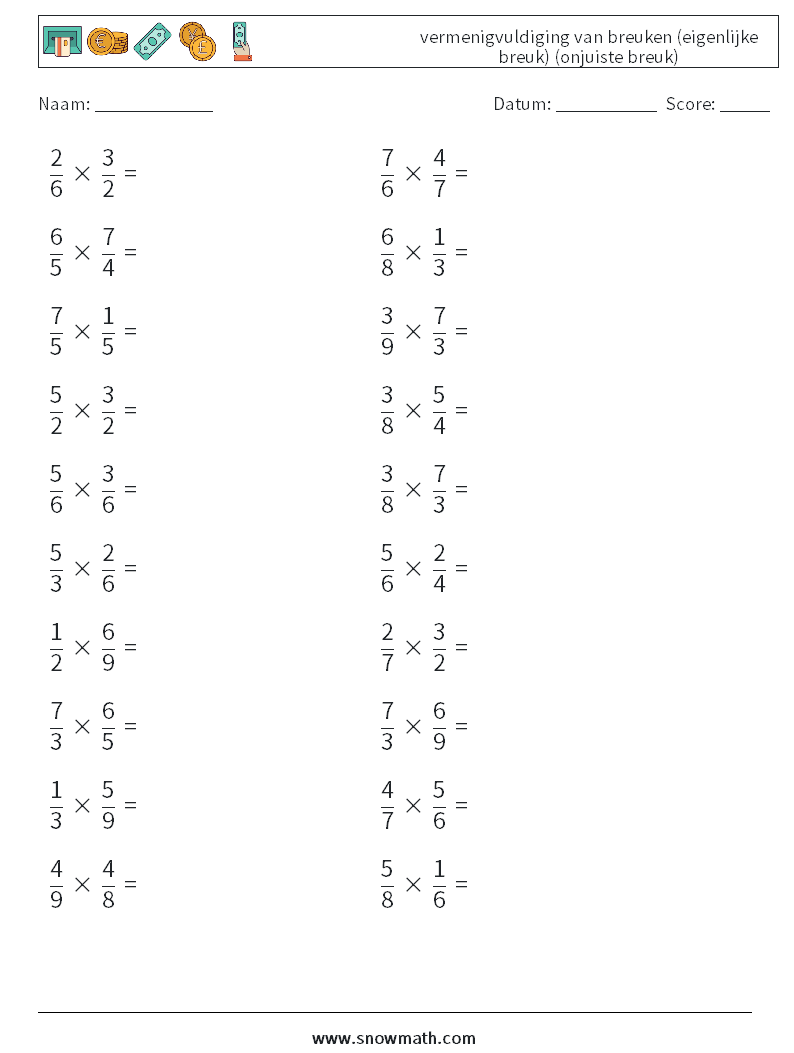 (20) vermenigvuldiging van breuken (eigenlijke breuk) (onjuiste breuk) Wiskundige werkbladen 8