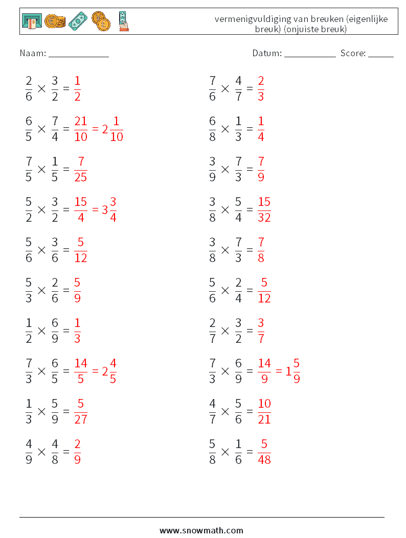 (20) vermenigvuldiging van breuken (eigenlijke breuk) (onjuiste breuk) Wiskundige werkbladen 8 Vraag, Antwoord