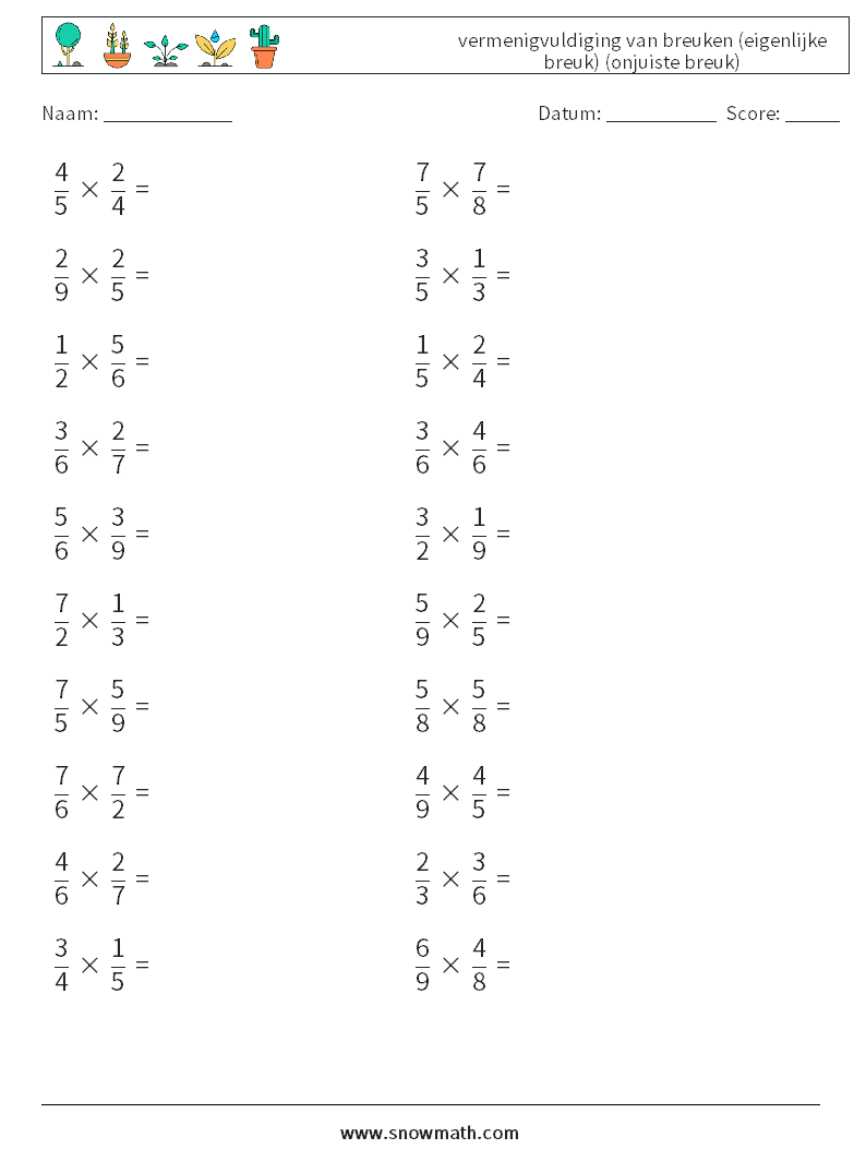 (20) vermenigvuldiging van breuken (eigenlijke breuk) (onjuiste breuk) Wiskundige werkbladen 9
