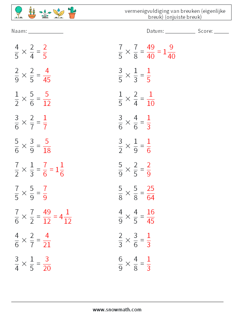 (20) vermenigvuldiging van breuken (eigenlijke breuk) (onjuiste breuk) Wiskundige werkbladen 9 Vraag, Antwoord