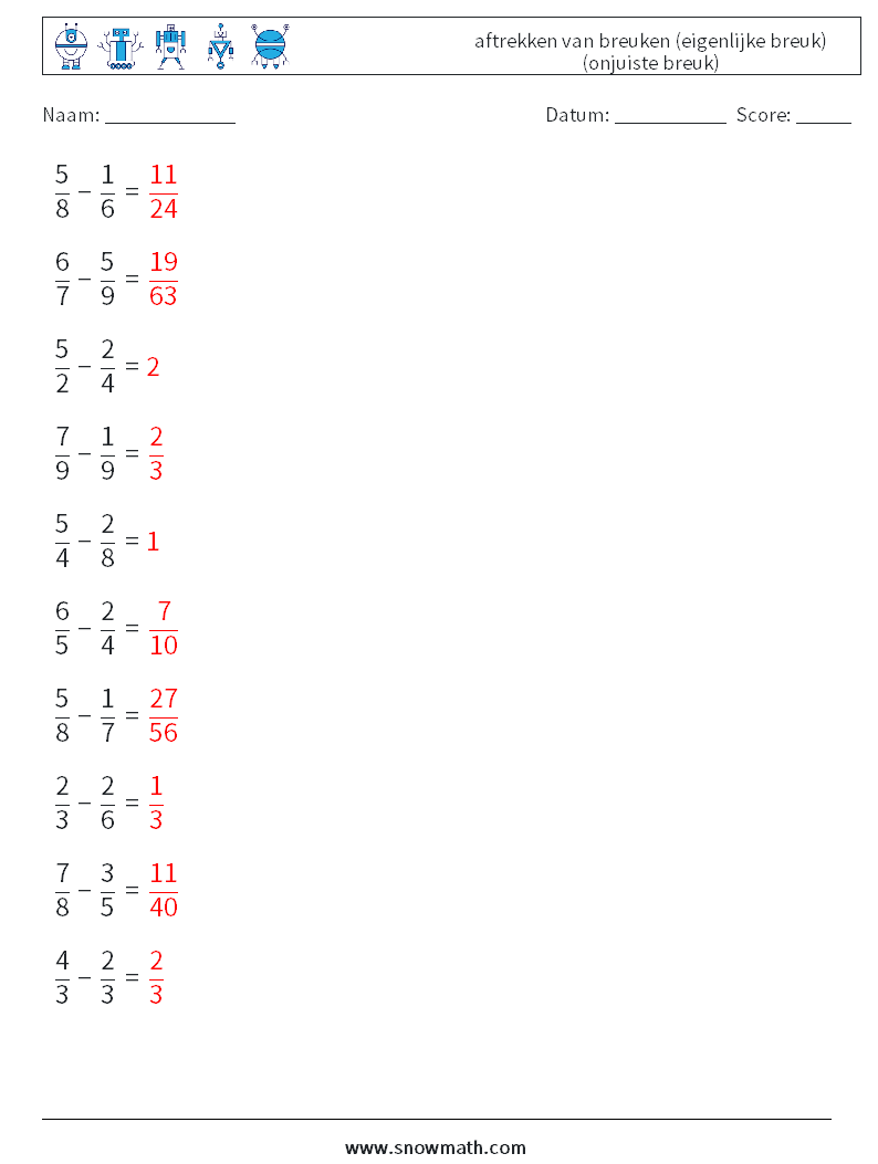 (10) aftrekken van breuken (eigenlijke breuk) (onjuiste breuk) Wiskundige werkbladen 10 Vraag, Antwoord