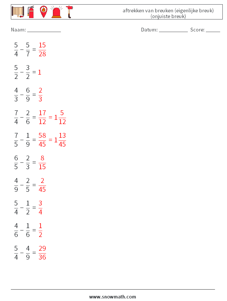 (10) aftrekken van breuken (eigenlijke breuk) (onjuiste breuk) Wiskundige werkbladen 13 Vraag, Antwoord