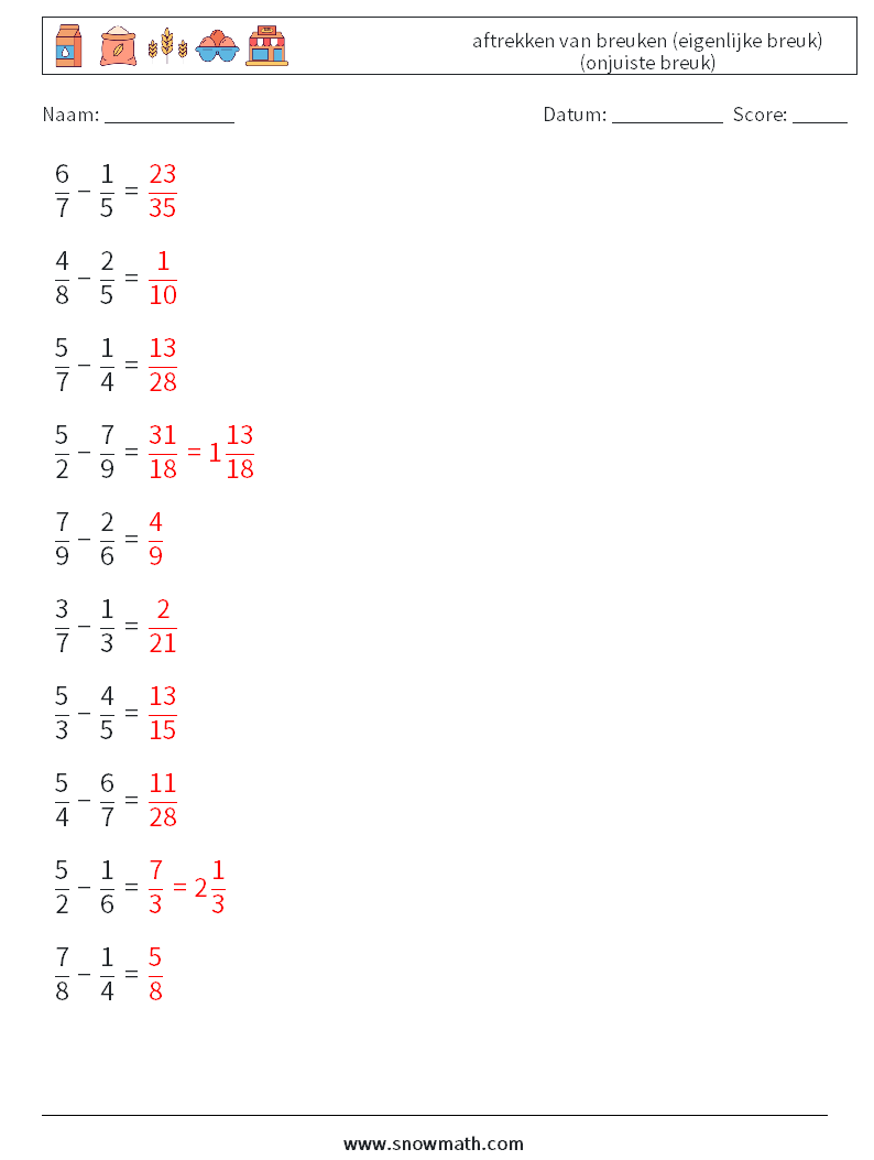 (10) aftrekken van breuken (eigenlijke breuk) (onjuiste breuk) Wiskundige werkbladen 14 Vraag, Antwoord