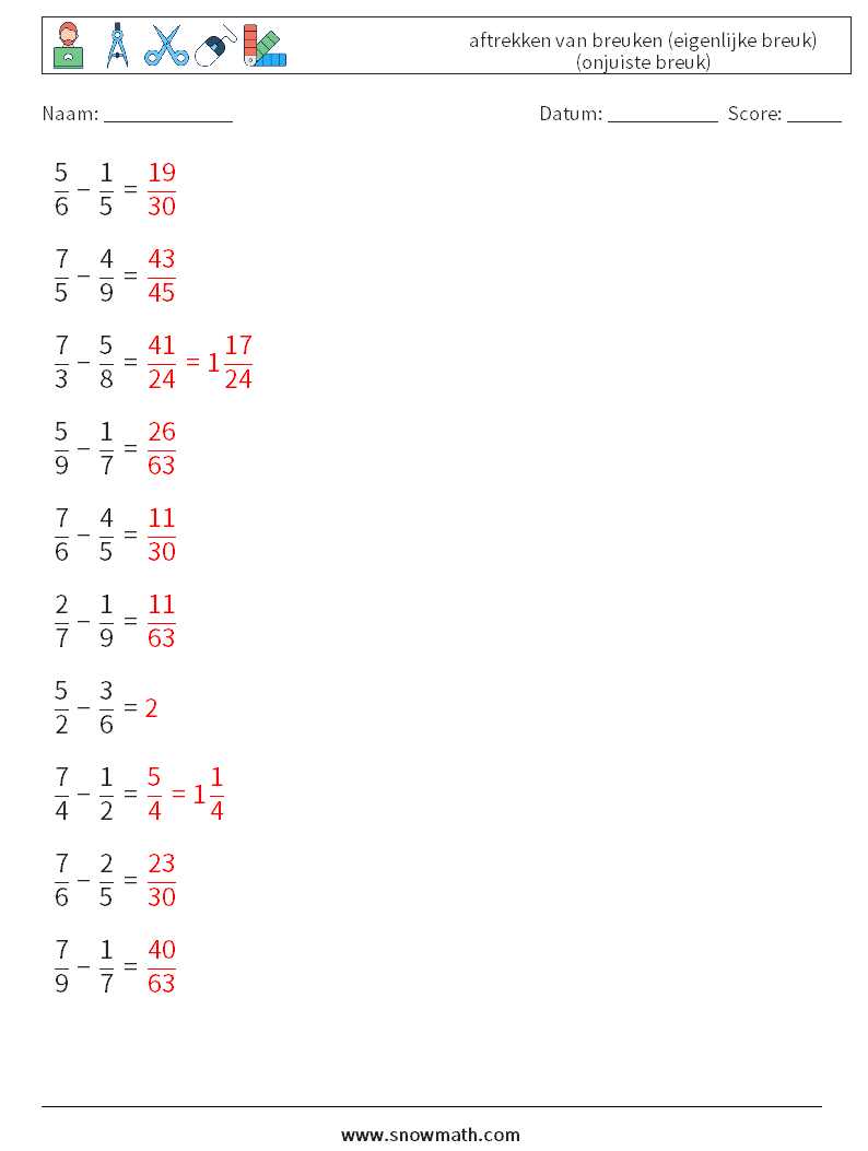 (10) aftrekken van breuken (eigenlijke breuk) (onjuiste breuk) Wiskundige werkbladen 18 Vraag, Antwoord