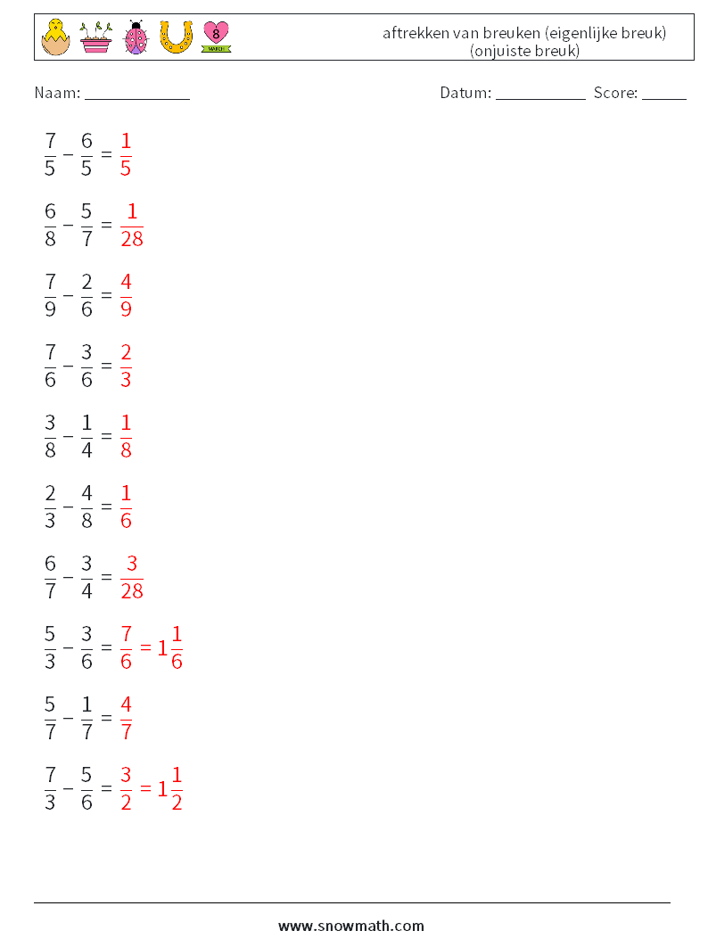 (10) aftrekken van breuken (eigenlijke breuk) (onjuiste breuk) Wiskundige werkbladen 1 Vraag, Antwoord