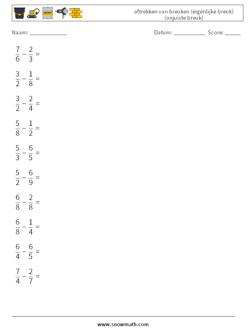 (10) aftrekken van breuken (eigenlijke breuk) (onjuiste breuk) Wiskundige werkbladen 3