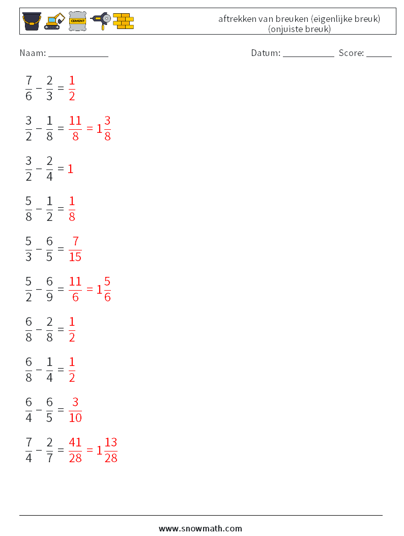 (10) aftrekken van breuken (eigenlijke breuk) (onjuiste breuk) Wiskundige werkbladen 3 Vraag, Antwoord