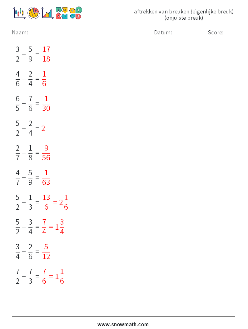 (10) aftrekken van breuken (eigenlijke breuk) (onjuiste breuk) Wiskundige werkbladen 5 Vraag, Antwoord