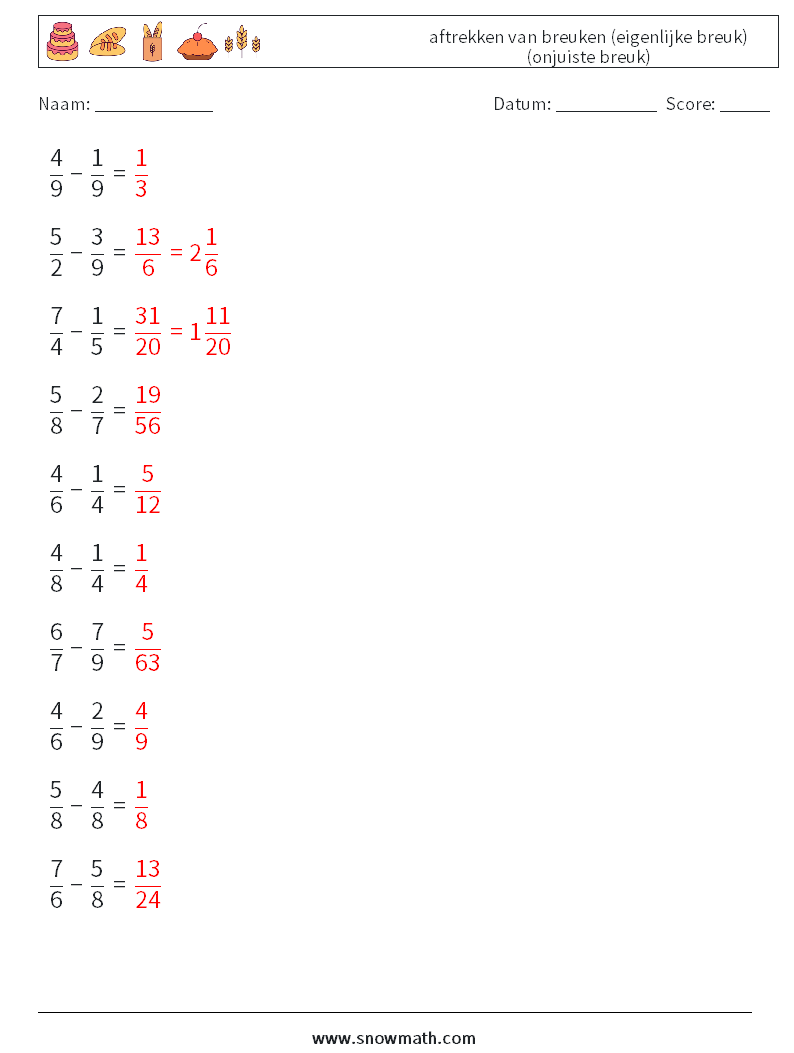 (10) aftrekken van breuken (eigenlijke breuk) (onjuiste breuk) Wiskundige werkbladen 7 Vraag, Antwoord