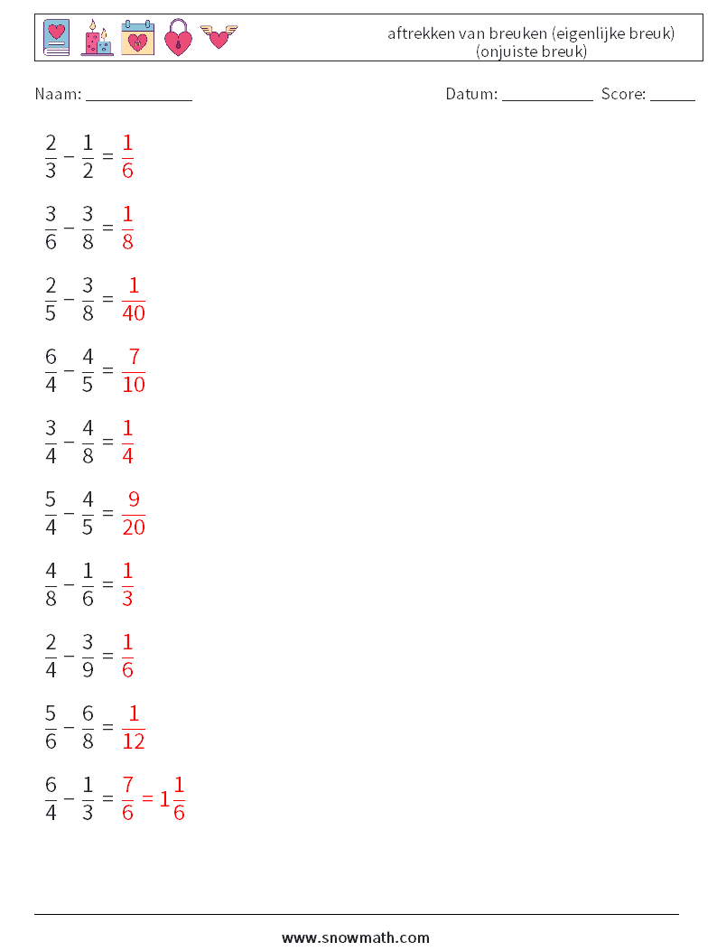 (10) aftrekken van breuken (eigenlijke breuk) (onjuiste breuk) Wiskundige werkbladen 8 Vraag, Antwoord