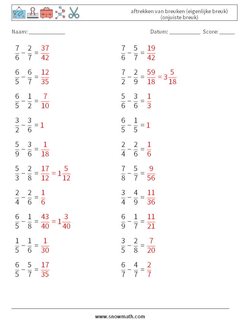 (20) aftrekken van breuken (eigenlijke breuk) (onjuiste breuk) Wiskundige werkbladen 10 Vraag, Antwoord