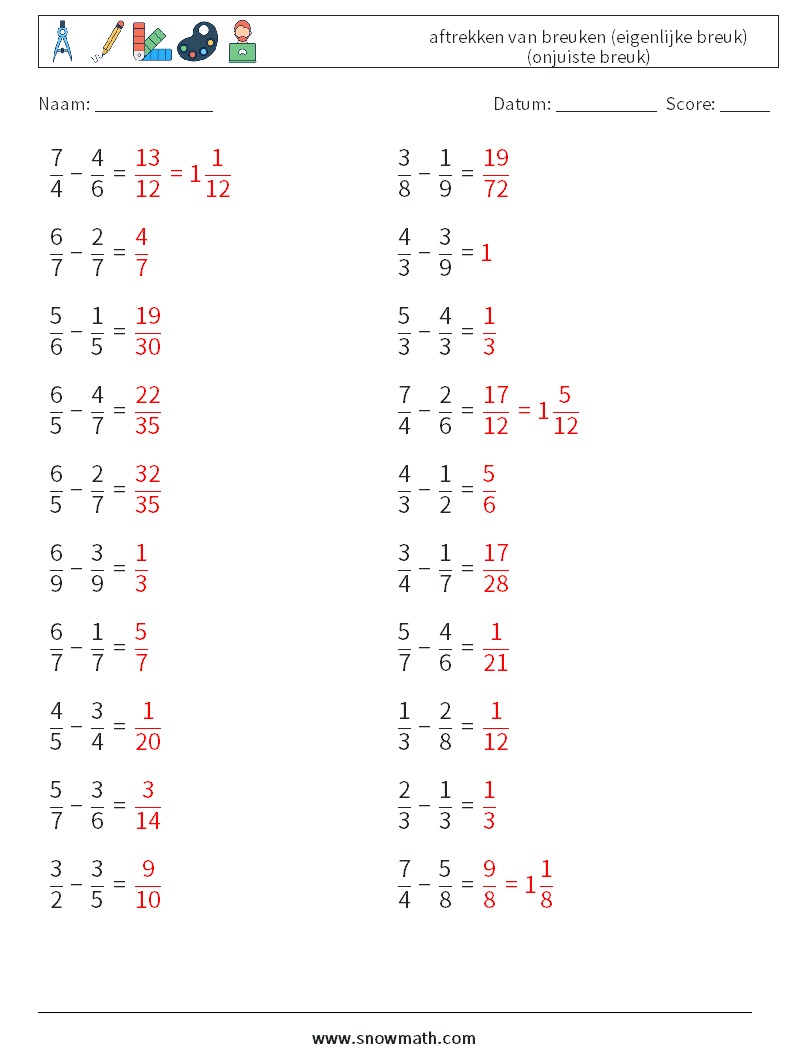 (20) aftrekken van breuken (eigenlijke breuk) (onjuiste breuk) Wiskundige werkbladen 13 Vraag, Antwoord