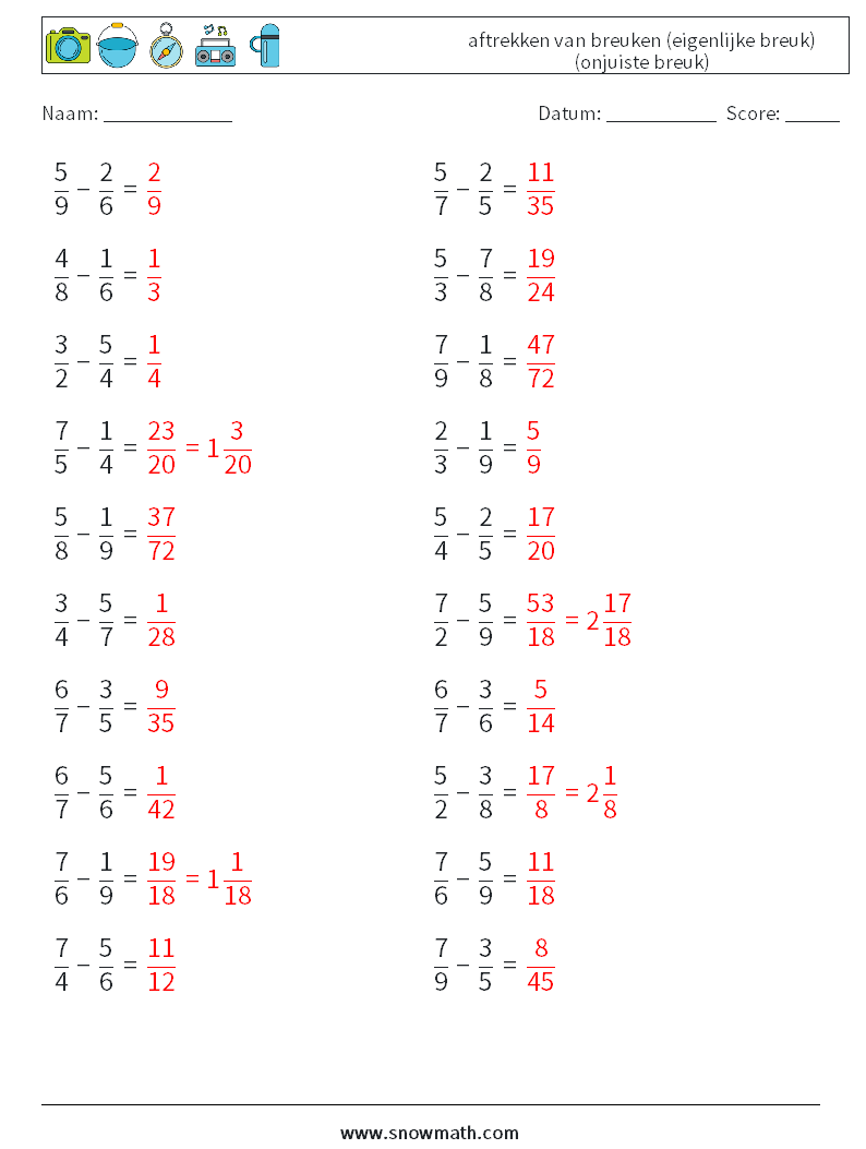 (20) aftrekken van breuken (eigenlijke breuk) (onjuiste breuk) Wiskundige werkbladen 14 Vraag, Antwoord