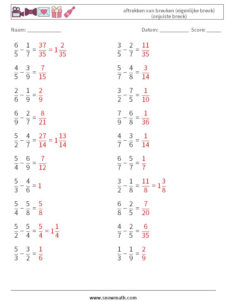 (20) aftrekken van breuken (eigenlijke breuk) (onjuiste breuk) Wiskundige werkbladen 15 Vraag, Antwoord