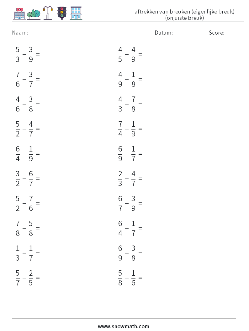 (20) aftrekken van breuken (eigenlijke breuk) (onjuiste breuk) Wiskundige werkbladen 18