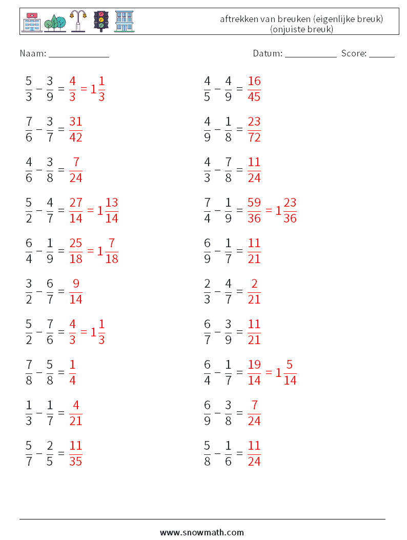 (20) aftrekken van breuken (eigenlijke breuk) (onjuiste breuk) Wiskundige werkbladen 18 Vraag, Antwoord