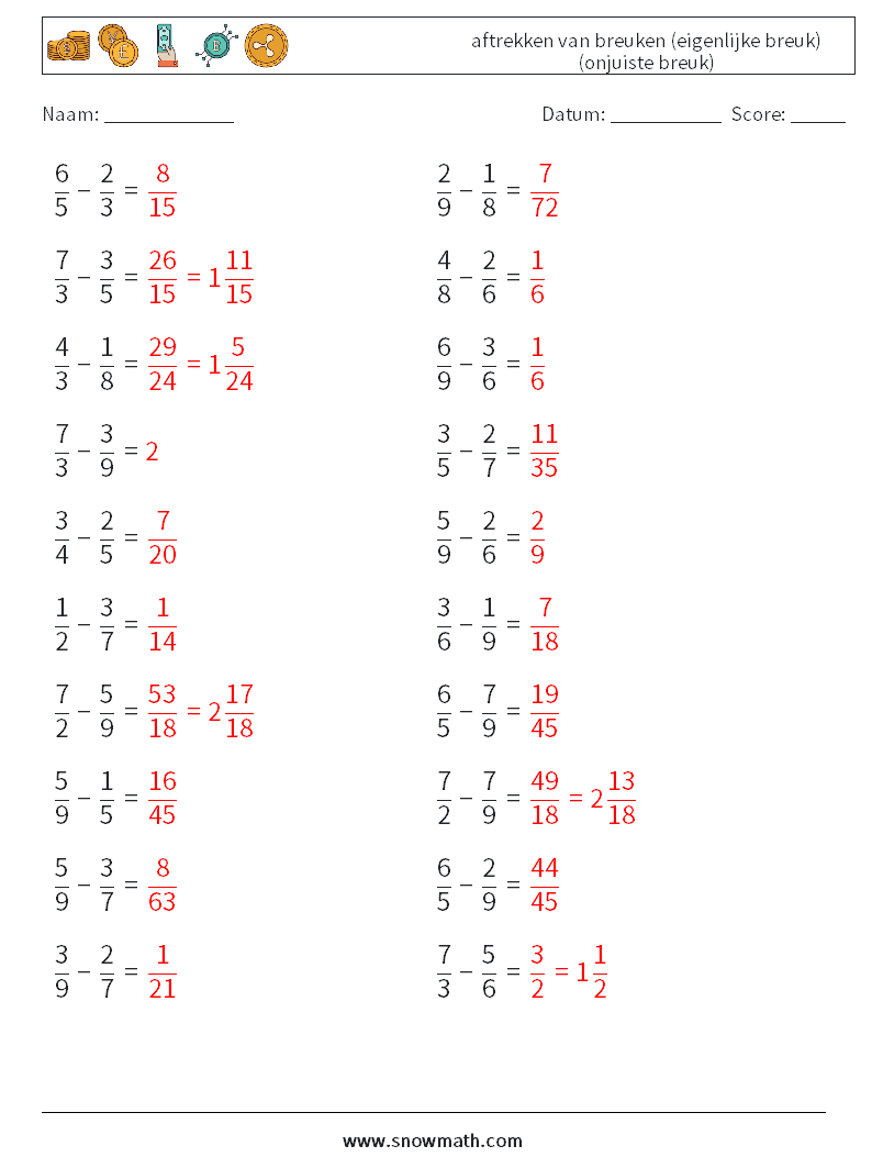 (20) aftrekken van breuken (eigenlijke breuk) (onjuiste breuk) Wiskundige werkbladen 1 Vraag, Antwoord