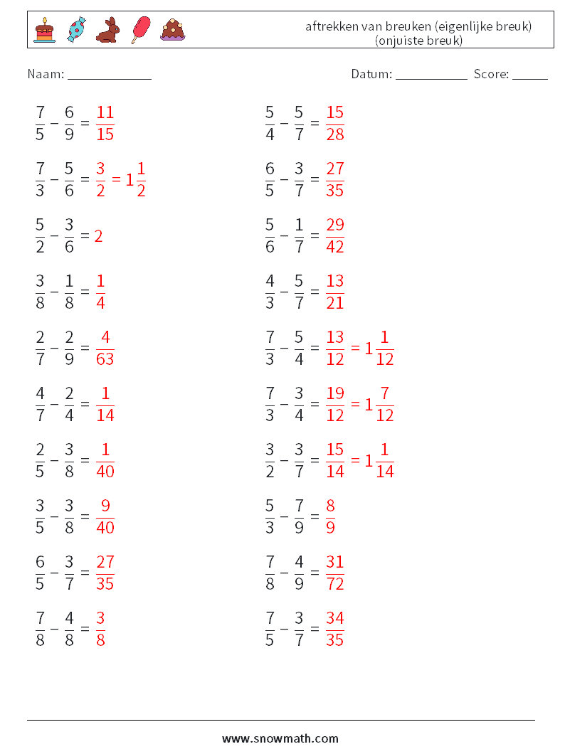 (20) aftrekken van breuken (eigenlijke breuk) (onjuiste breuk) Wiskundige werkbladen 2 Vraag, Antwoord