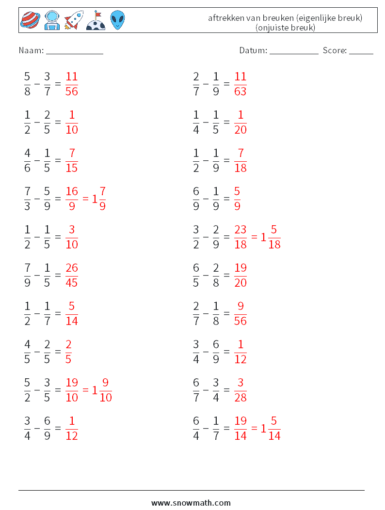 (20) aftrekken van breuken (eigenlijke breuk) (onjuiste breuk) Wiskundige werkbladen 3 Vraag, Antwoord