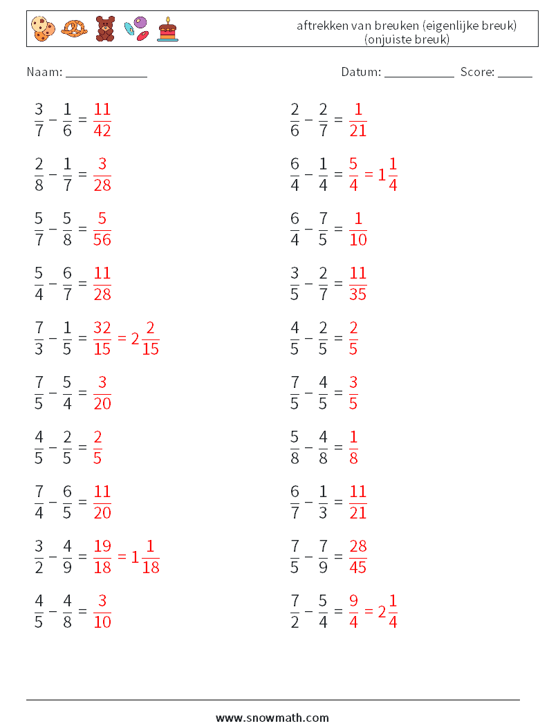 (20) aftrekken van breuken (eigenlijke breuk) (onjuiste breuk) Wiskundige werkbladen 4 Vraag, Antwoord