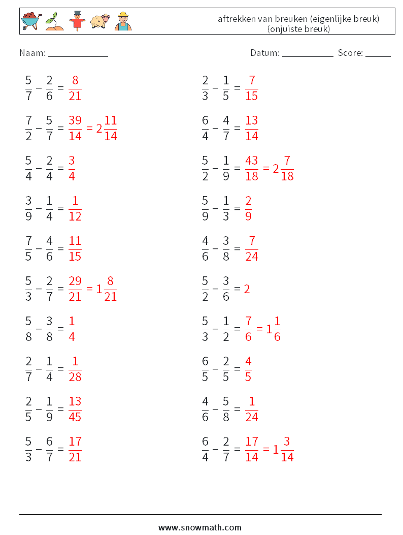 (20) aftrekken van breuken (eigenlijke breuk) (onjuiste breuk) Wiskundige werkbladen 5 Vraag, Antwoord