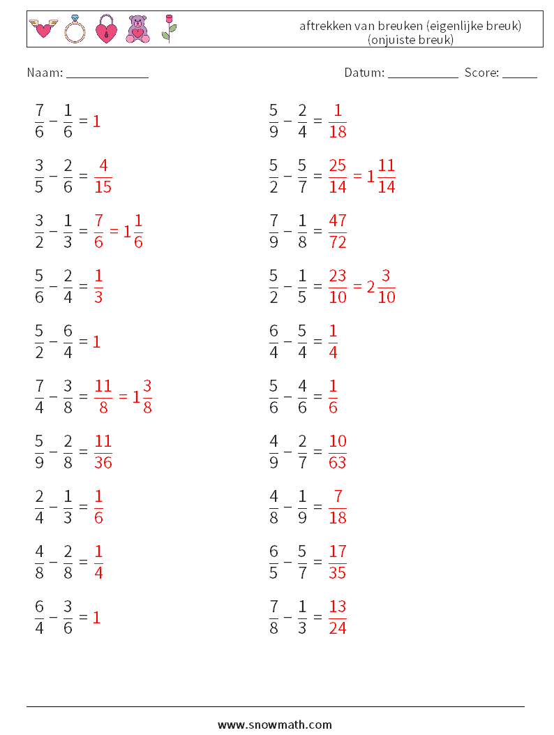 (20) aftrekken van breuken (eigenlijke breuk) (onjuiste breuk) Wiskundige werkbladen 6 Vraag, Antwoord