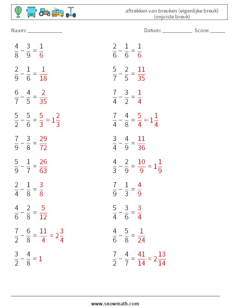 (20) aftrekken van breuken (eigenlijke breuk) (onjuiste breuk) Wiskundige werkbladen 7 Vraag, Antwoord