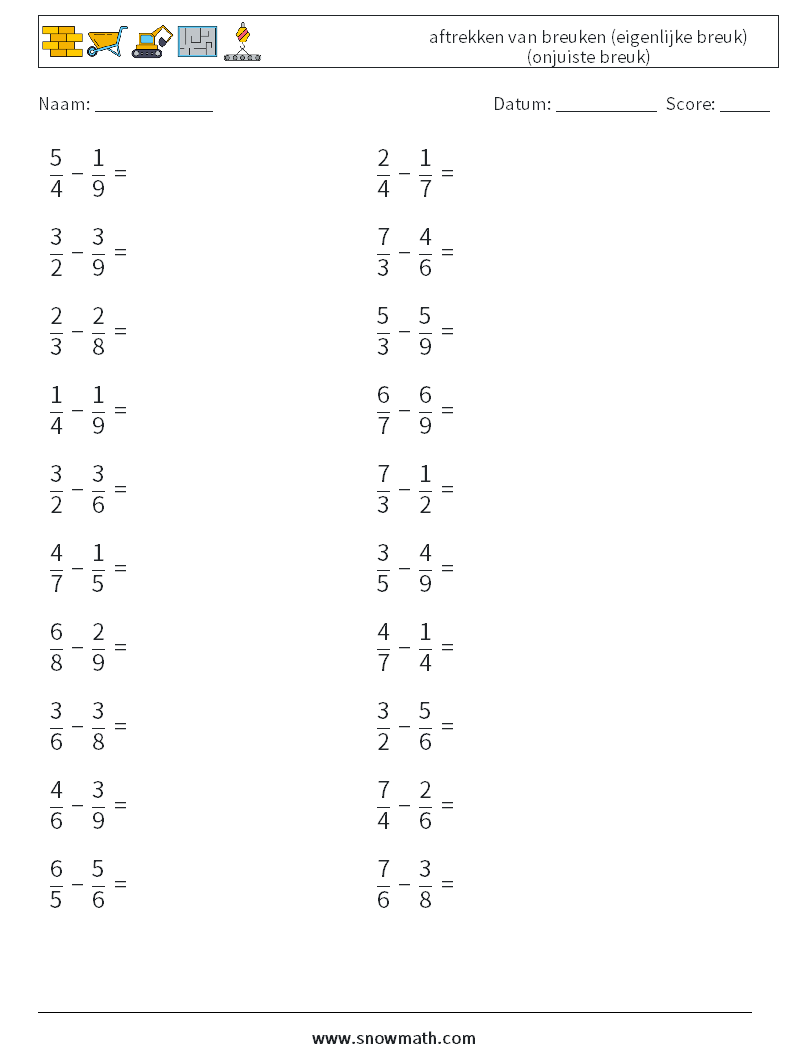(20) aftrekken van breuken (eigenlijke breuk) (onjuiste breuk) Wiskundige werkbladen 8