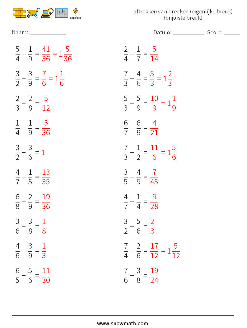 (20) aftrekken van breuken (eigenlijke breuk) (onjuiste breuk) Wiskundige werkbladen 8 Vraag, Antwoord