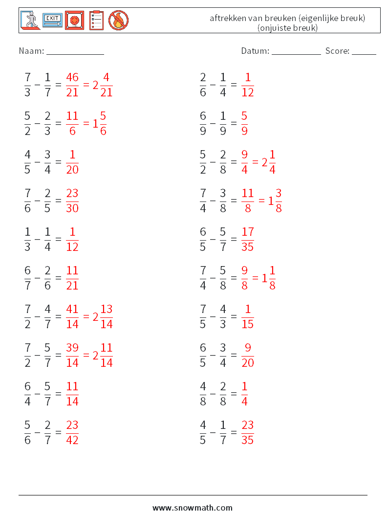 (20) aftrekken van breuken (eigenlijke breuk) (onjuiste breuk) Wiskundige werkbladen 9 Vraag, Antwoord